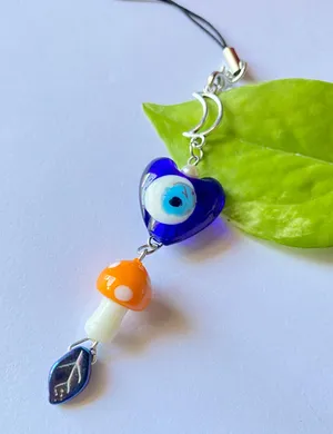 Handmade hippie boho fairy Evil Eye & mushroom phone strap/bag charm/keychain/display🍄🌙👁🍃🌀 thumbnail 1