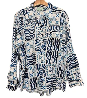 True Destinations L Blue White Nautical Hawaiian Long Sleeve Button Down Shirt thumbnail 2