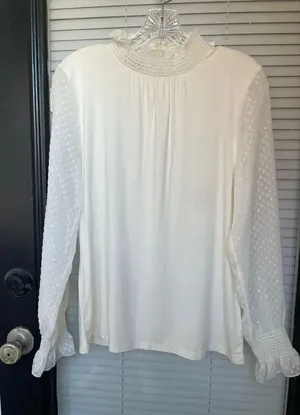 NWT Talbots Long Sleeve Metallic Sleeves Mock Neck Blouse Cream M thumbnail 1