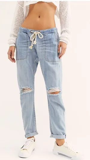 One Teaspoon Shabbies Jeans Women Sz L Drawstring Boyfriend Distressed Blue‎ thumbnail 1