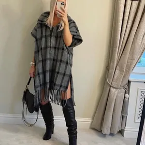 ZARA Plaid Wool Blend Oversized Poncho‎ Fringe Hem size XS thumbnail 3