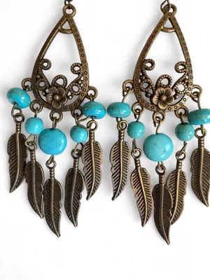 Handmade Bronze Teardrop Chandelier Earrings Turquoise & Feathers thumbnail 2
