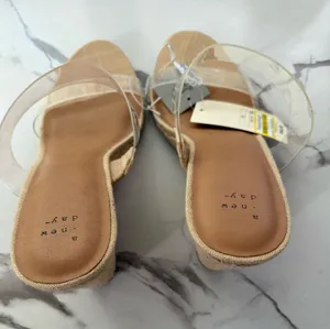A New Day Women’s Clear Double Strap Heels – Beige Linen Memory Foam Mules Size 11 NWT thumbnail 1