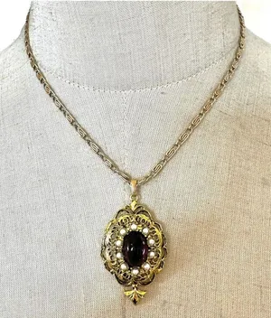 Gold tone faux pearl red Victorian pendant necklace thumbnail 1