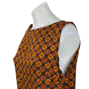 Women's Brown 100% Silk Geometric Sleeveless Bateau Neck A Line Midi Dress 12 thumbnail 3