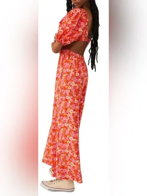 NEW FREE PEOPLE Amy Floral Cotton cutout Orange Jumpsuit sz M thumbnail 4