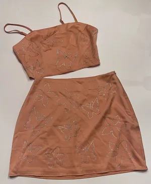 Le Lis Crop Camisole Top‎ & Mini Skirt Set in Nude Peach Rhinestones Size XS/S thumbnail 1