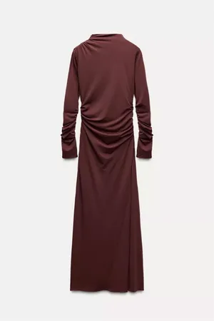 Zara Elegant Burgundy brown wine Maxi Dress stretchy long Sleeve Casual bodycon thumbnail 12