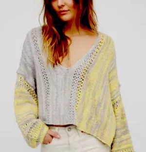 Free People Amethyst Marled Oversized Chunky Knit Sweater Size M Yellow/Gray thumbnail 3