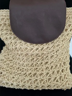 Woven Straw Backpack with Brown Leather Flap Tan thumbnail 2