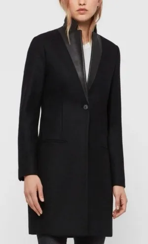 AllSaints Lorie Wool Long Coat 2 Ink Black Slim Fit Single Breasted Leather thumbnail 1