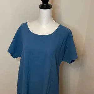 La Mode | Blue Short-Sleeve Jewel-Collar Pocket Midi Dress - Women Dress. Size L thumbnail 2