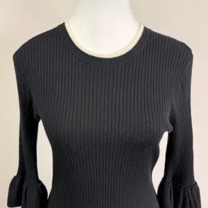 FRAME Black Wool Blend Rib Tiered Ruffle Bell Sleeve Striped Trim Sweater Small thumbnail 8