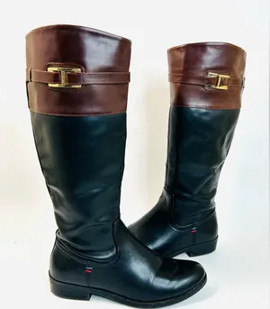 Tommy Hilfiger Leather Riding Boots, Black and Brown Colorblock Design, size 7.5 thumbnail 1