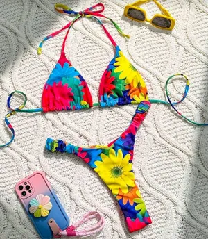 SHEIN Bright Rainbow Floral Triangle Bikini - Yellow, Blue, Pink, Green thumbnail 1