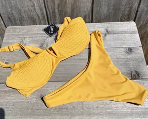 Zaful New Bikini Ribbed Swimsuit high cut bottom V cut textured top tie back thumbnail 1