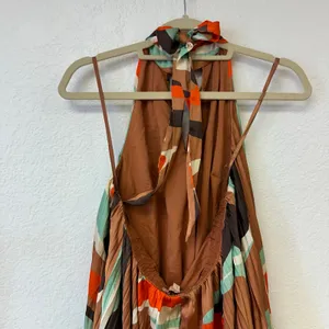 Hutch Anthropologie Halter Pleated Swing Mini Dress Geo Print Brown Size Large thumbnail 4