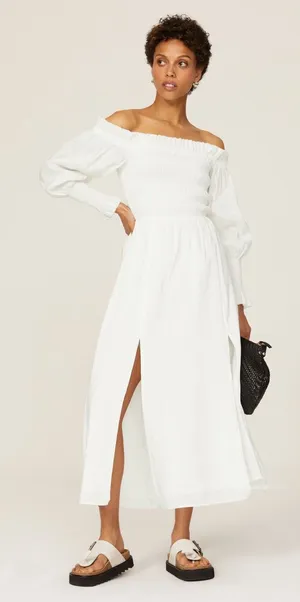 All Saints Lary White Linen Silk Shoulder Long Sleeve Slit Midi Dress Size 6 thumbnail 1