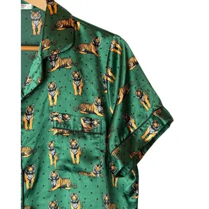 Ekouaer Satin Pajama Set Women XL Green Tiger Print Shorts Set Loungewear thumbnail 5