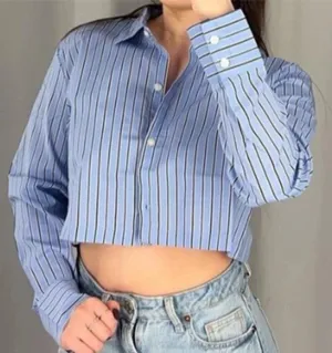Divided Women's Size Small Cropped Button Down Shirt Blue Navy White Stripes thumbnail 1