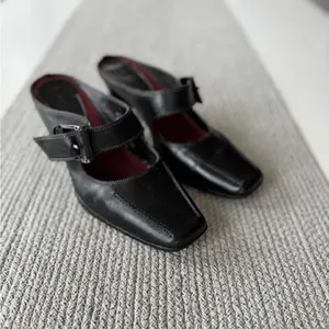 Vintage Merona Black Leather Silver Buckle Square Toe Maryjane Block Heels Shoes thumbnail 2