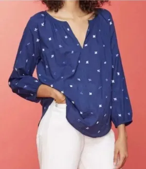 ROLLER RABBIT Blue Embroidered‎ Cotton Tunic Blouse Small S Boho V-Neck Slit Top thumbnail 1