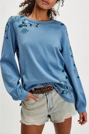 NWOT Free People Violet Vines Long Sleeve - storm combo blue - Large thumbnail 1