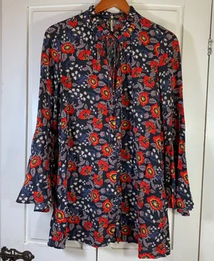 Free People Boho Bell Sleeve Floral Mini Dress Tunic XS Flowy‎ Fairy Festival thumbnail 1