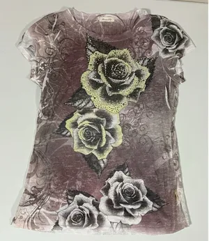 Miss Edge Gray Grey Rose Floral Diamond Studded Lace Short Sleeve T-Shirt Top Blouse Tee Size S 🌹✨ thumbnail 1