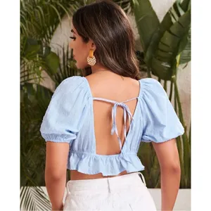 SHEIN Puff Sleeve Tie Backless Swiss Dot Milkmaid Top Size Medium thumbnail 6