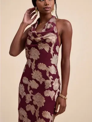 Lulus Zafira Burgundy And Gold Burnout Cowl Halter Maxi Dress Red - Size L thumbnail 4