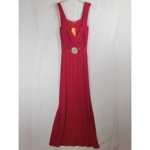 Elegant Red Halter Sleeveless Maxi Dress with Decorative Waist Buckle, NWT thumbnail 3