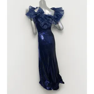 Sherri Hill 55328 Navy Blue Sequin Off-The-Shoulder Ruffle Gown – Size 00 thumbnail 8