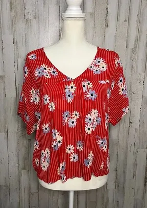 Madewell Women's Large Floral‎ Cropped Blouse Red V-Neck Short Sleeve thumbnail 1