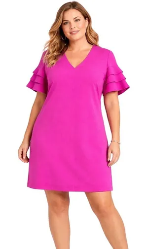 Worthington Womens XL Fuchsia Pink V-Neck Ruffle Tiered Sleeve Dress 72613-3 thumbnail 1