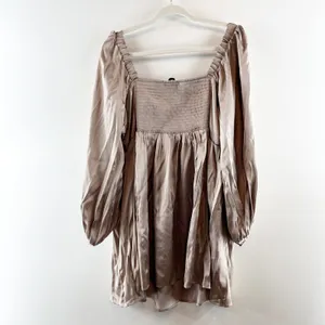 Abercrombie Emerson Long Balloon Puff Sleeve Satin Mini Babydoll Dress Gold XL P thumbnail 4