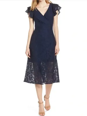 Ali & Jay Navy Blue Lace Flutter Sleeve Wrap Embroidered Midi Dress Size s thumbnail 2