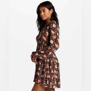 Billabong Sweetest Dream Floral Mini Dress Black Pebble Long Sleeve L thumbnail 3