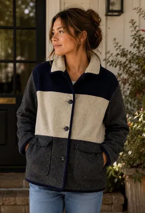 Herman Kay Vintage Women 12 Colorblock Wool‎ Coat Sherpa Collar Navy Grey Beige thumbnail 1
