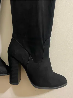 X2B Womens Size 6.5 6 1/2 Black Faux Suede 25” Tall Boots 3.75” Chunky Heel Ties thumbnail 10
