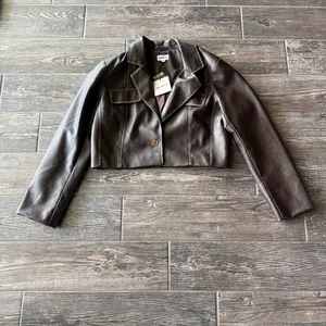 Revolve Superdown Blakely Faux Leather Brown Cropped Blazer Jacket thumbnail 4