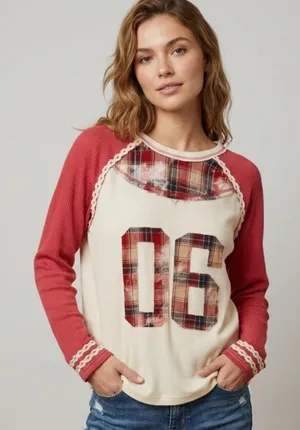 NWT POL Varsity Waffle Knit Raspberry # Thermal Plaid Patchwork size medium thumbnail 1
