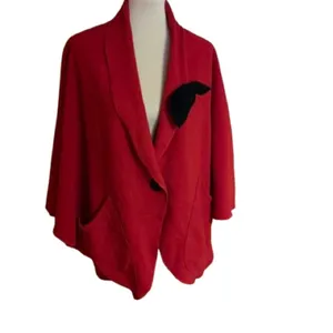 Vintage 90s Red Fleece Cape Jacket Le Moda Oversized Shawl Collar Poncho Coat thumbnail 2
