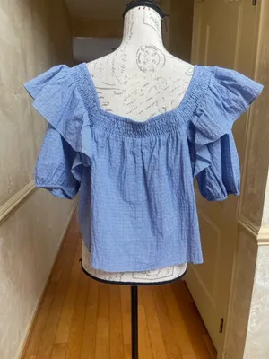Zara Blue Gingham Ruffle Smocked Blouse XL Cotton Coquette Coastal Picnic Top thumbnail 4