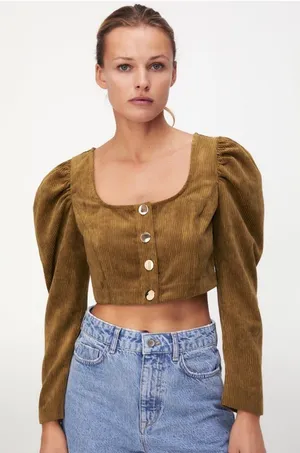 NWT ZARA Corduroy Crop Top Blouse Bloggers Fav Olive Green XS thumbnail 1