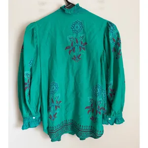 Oliphant Blouse Womens XS Ruffle Green Floral Puff Sleeve Tuckerneck thumbnail 2