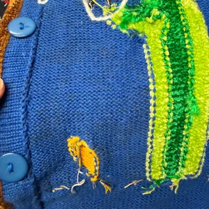 Vintage Western Cactus Cowboy Boot Embroidered Cardigan Blue Chenille Fringe L thumbnail 12