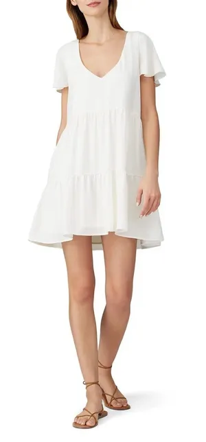 Show Me Your Mumu Ivory Tiered Babydoll Mini Dress XS V Neck Tie Back Bridal thumbnail 1