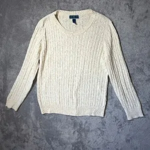 Karen Scott LRG Cream Cable Knit Crewneck Sweater Cotton Blend Speckled Academia thumbnail 2