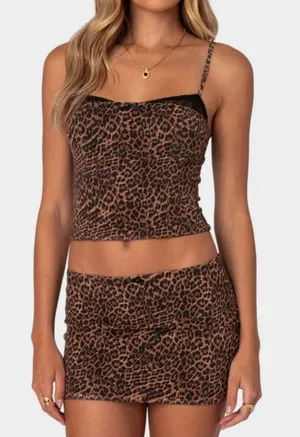 EDIKTED Edin Leopard Print Mesh Camisole & Skirt Set Size Small thumbnail 1